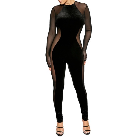 NEW Naked Wardrobe Velvet Mesh Jumpsuit Large - Picture 1 of 7